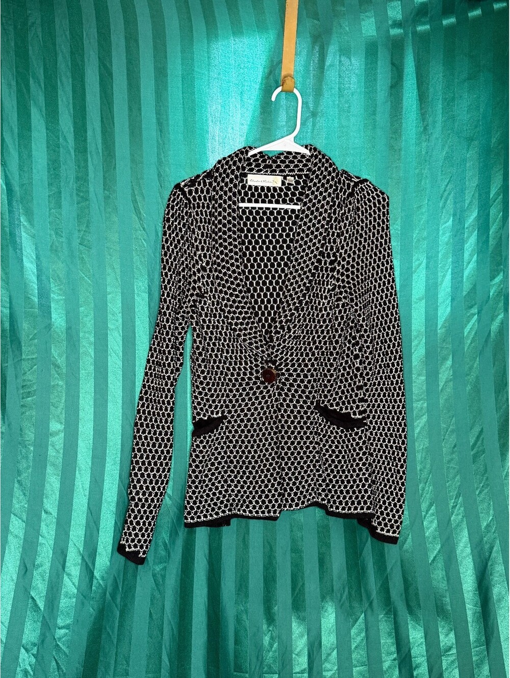 Nanette Lepore Black White Geometric Knit Cardigan Jacket Button Pocket Size M